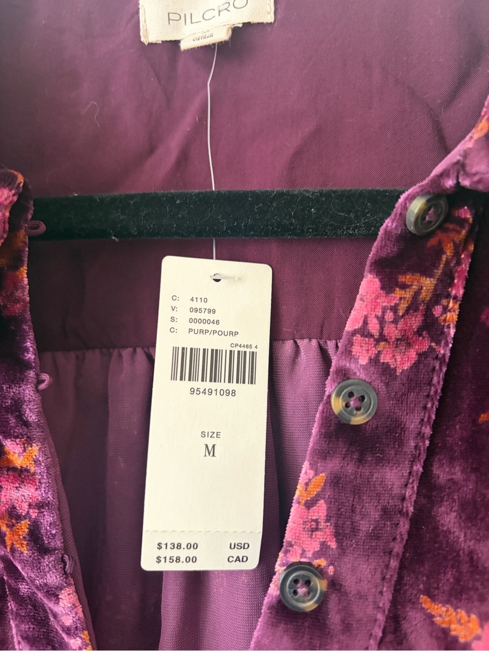 Pilcro Plum Velvet Button-Down Blouse with Floral Print - Picture 2 of 3